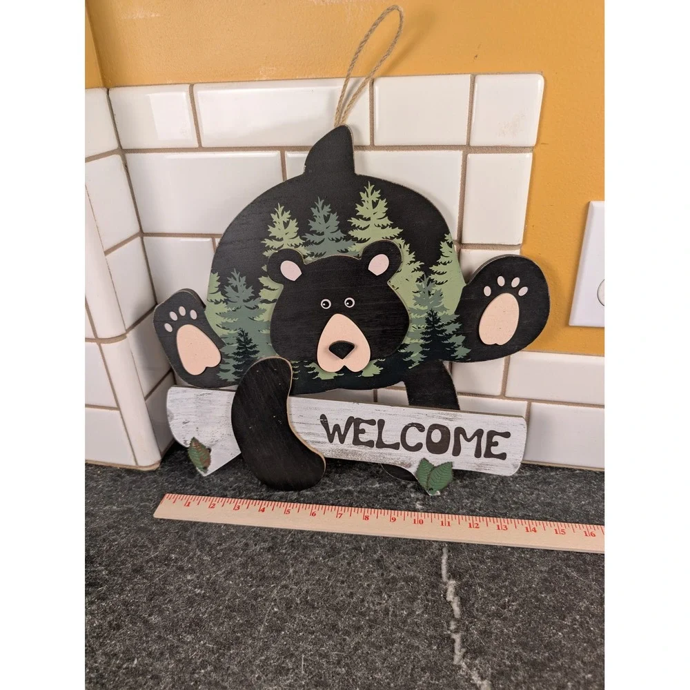 Rustic Wooden Black Bear Welcome Sign Pine Tree Forest Cabin Lodge Wall Decor